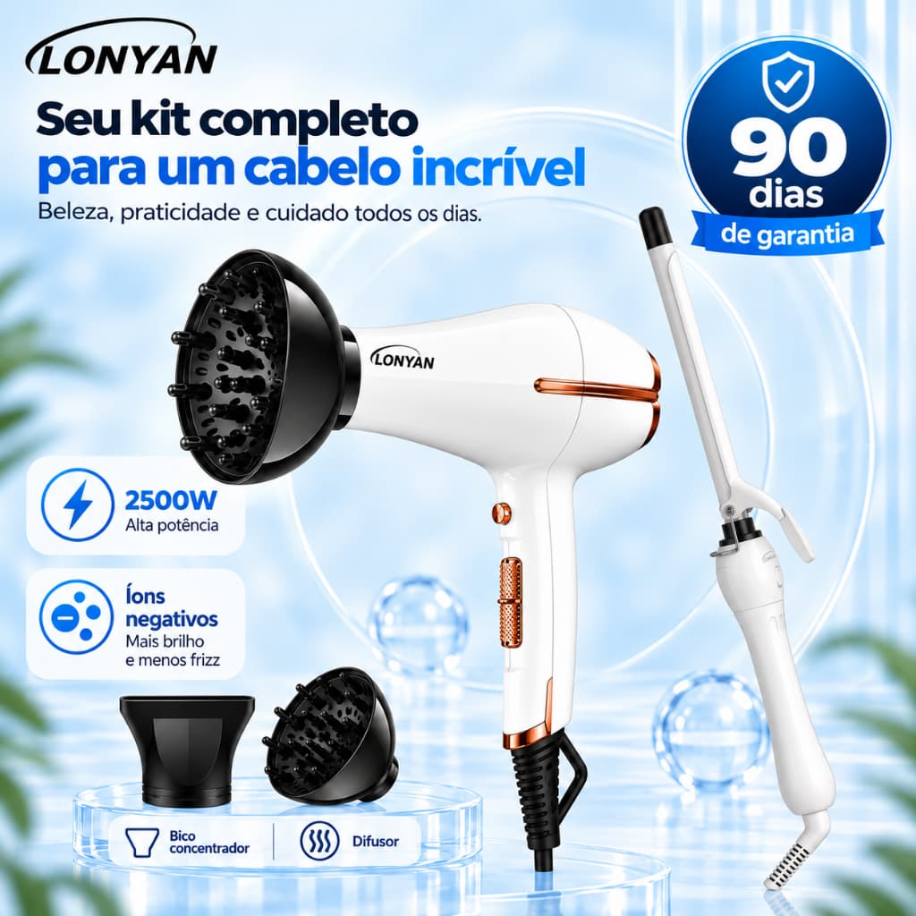 Secador de Cabelo Secador com Difusor Profissional LONYAN 2500W 127V 220V Íons kit Babyliss 9mm Bivolt Graus Cerâmica