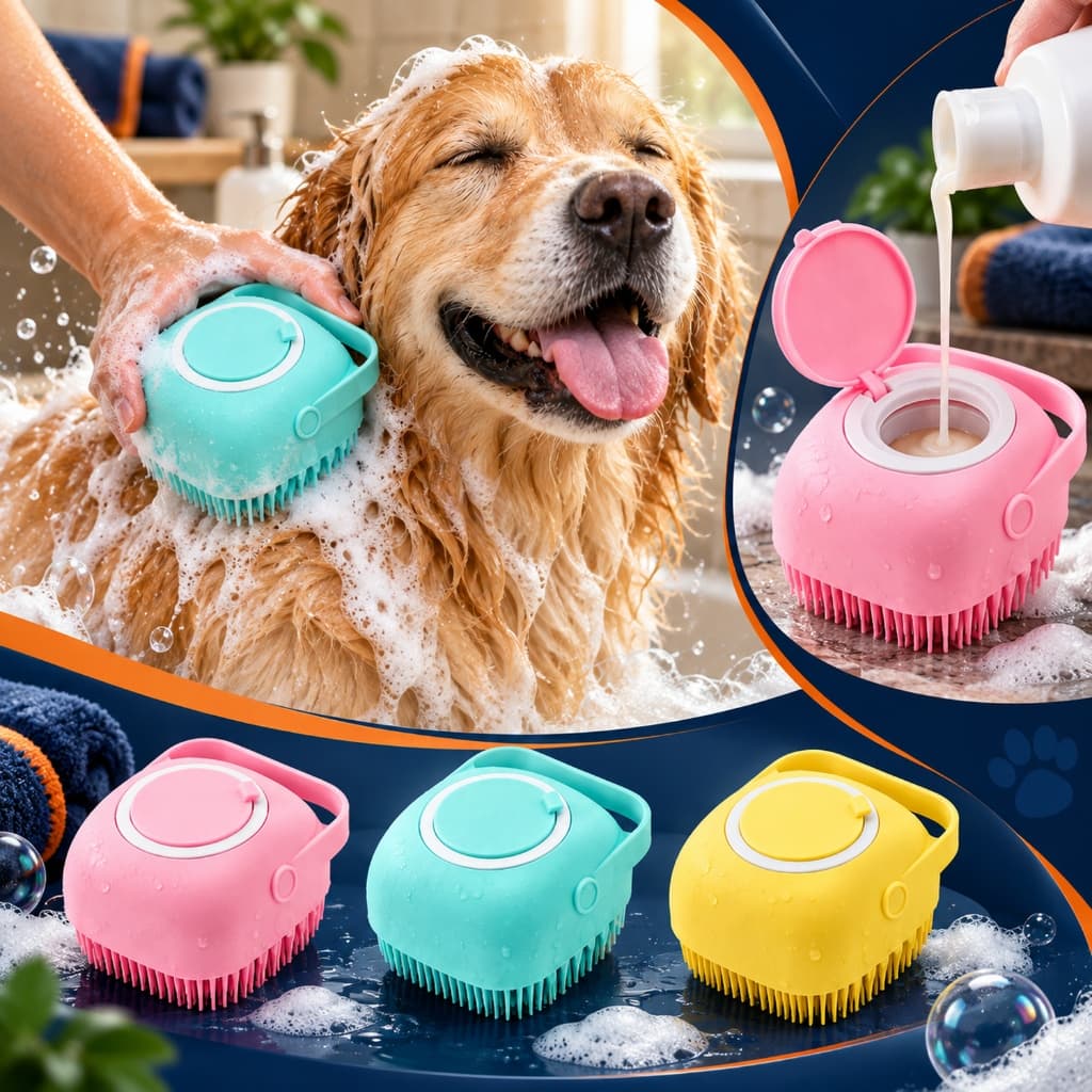 Escova de Banho para Cachorro Esponja Lava Pelo Pet Massageador Dispenser Silicone Shampoo