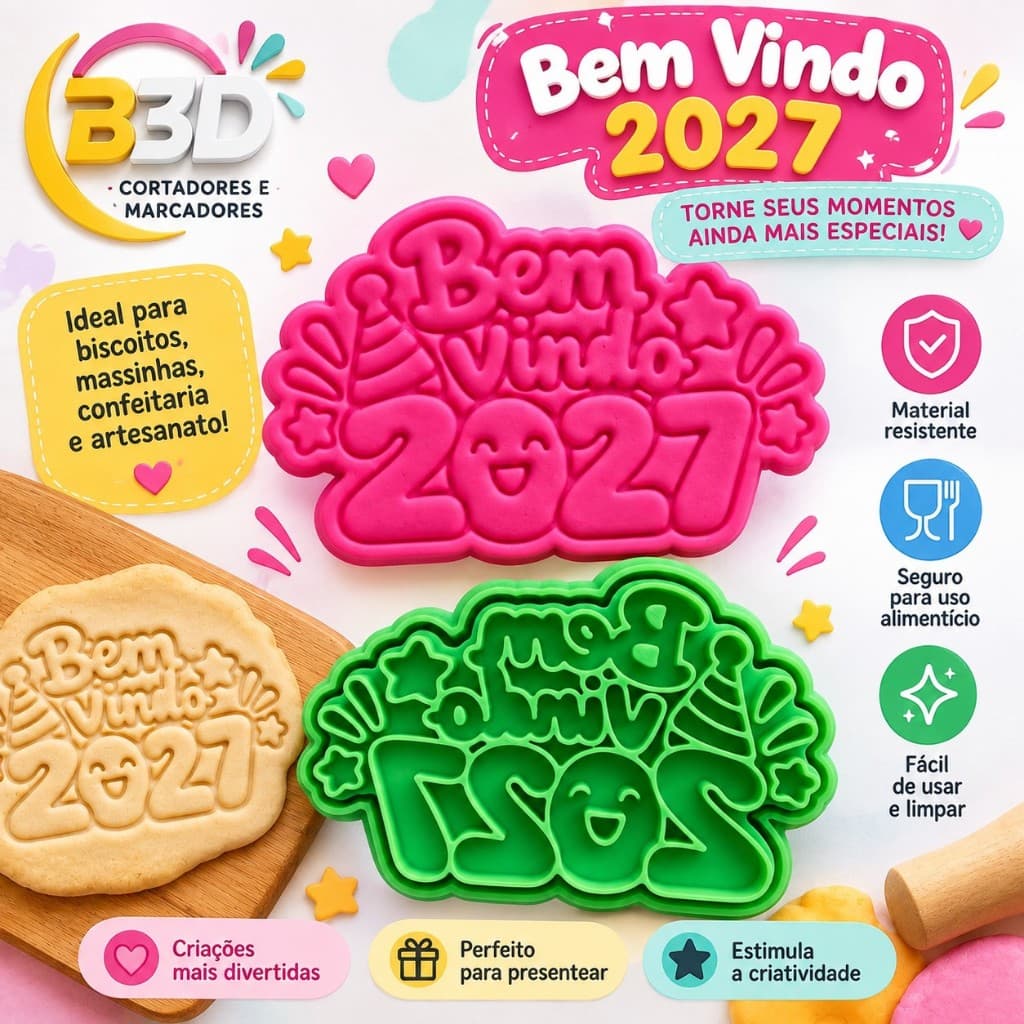 Cortador e Marcador 2027 Ano Novo - Marcador Pasta Americana Biscuit Cookie Massinha de Modelar