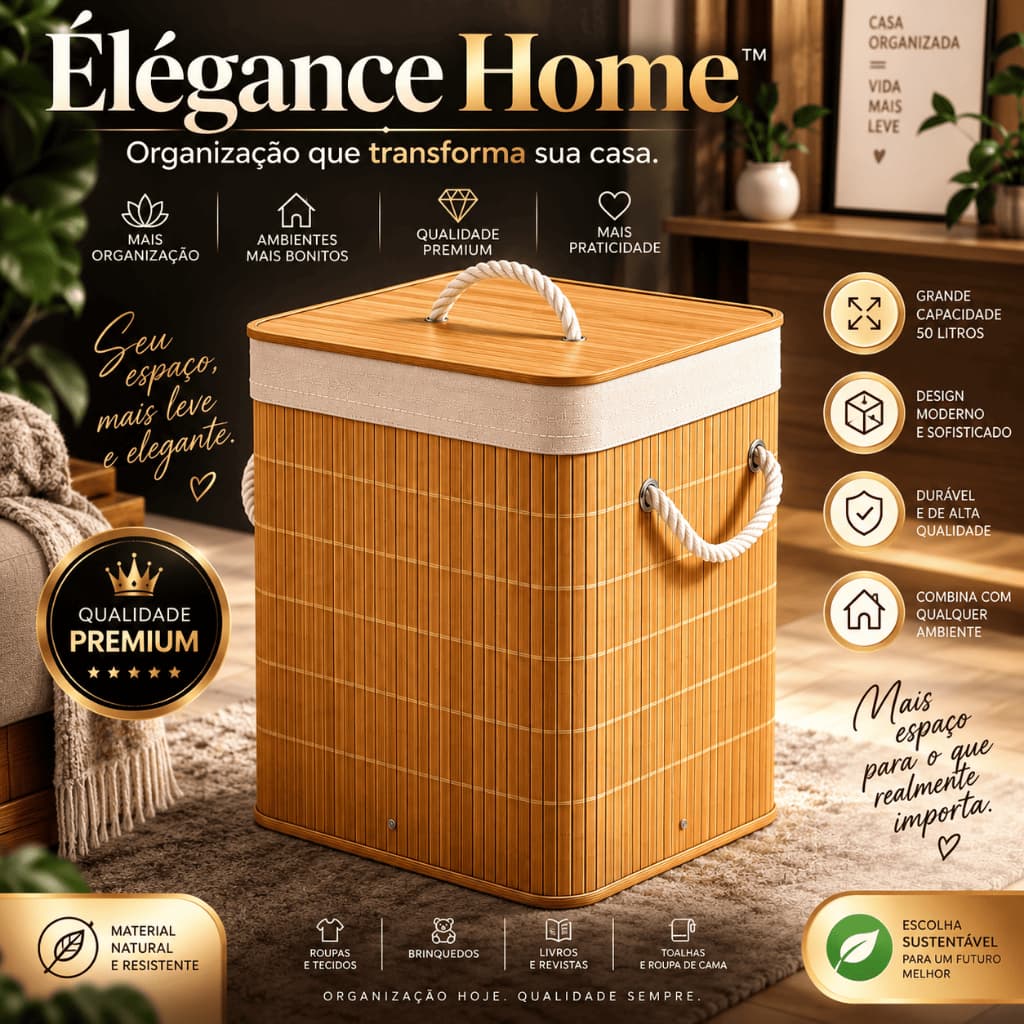 Cesto para Roupas Sujas 50L Bambu com Tampa – Cesto Organizador para Lavanderia e Banheiro