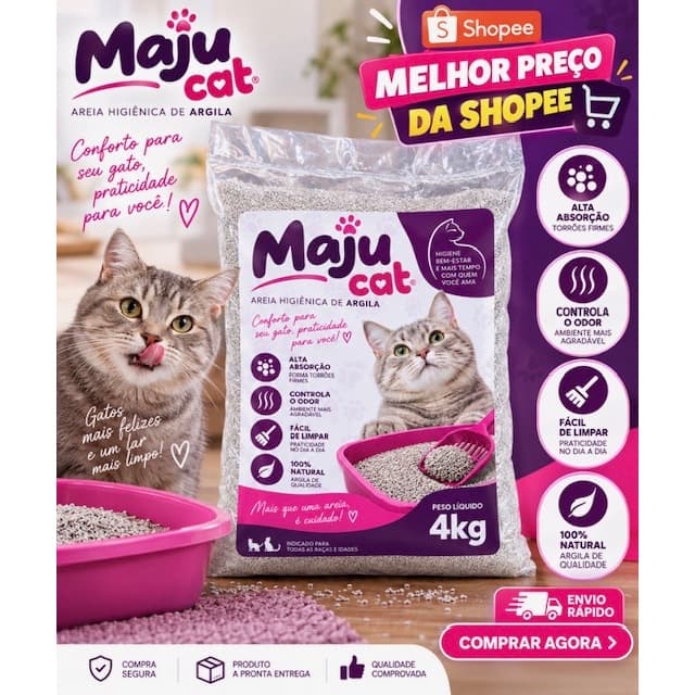 Areia Sanitaria Higiênica Argila Natural de Alta Absorção Granulada para Gatos Premium