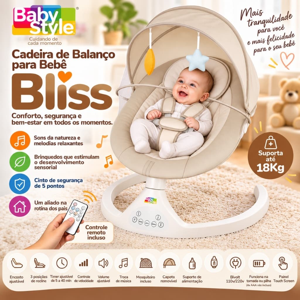 Cadeira de Descanso para Bebê Joy Balanço Automático Elétrica Musical com Brinquedos Alimentação