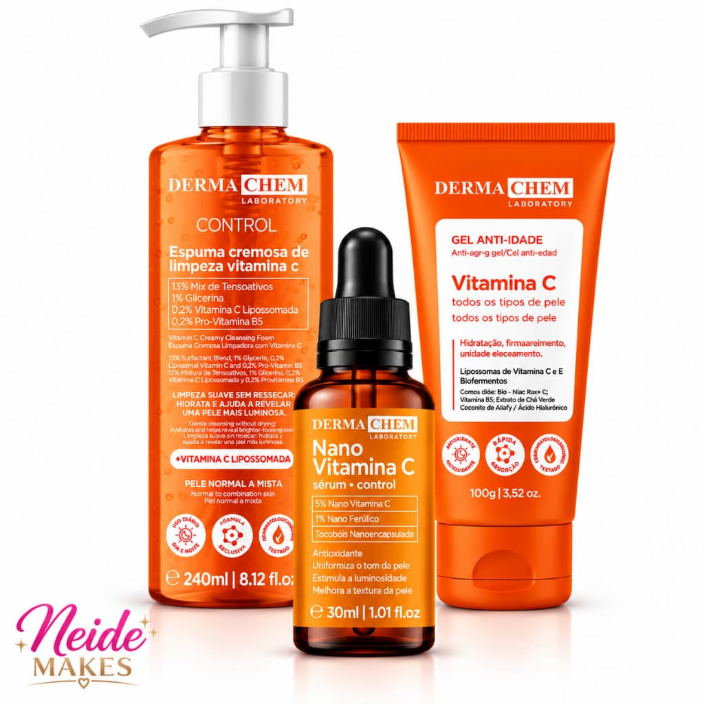 Kit Facial  Vitamina C – Espuma 240ml + Nano Vitamina C Sérum 30ml + Gel Anti-Idade Dermachem