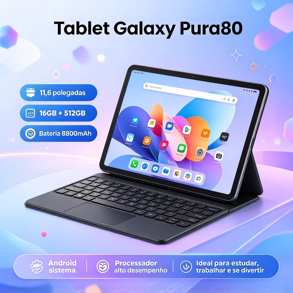 【Teclado e mouse grátis】 Tablet Galaxy Pura80 16 GB + 512 GB, 11,6 polegadas, 8.800 mAh, 5G, Android,Envio rápido