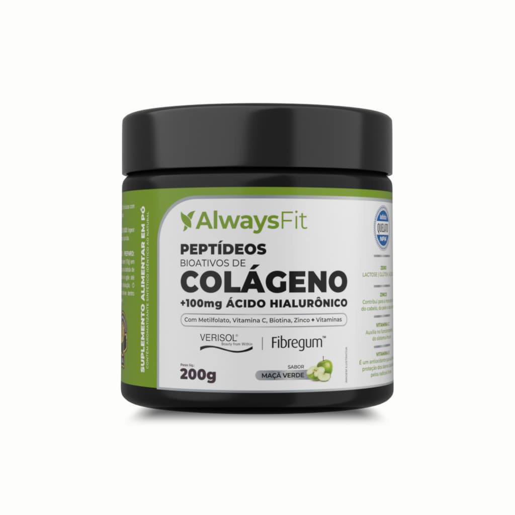 Peptídeos Bioativos de Colágeno Verisol AlwaysFit | Ácido Hialurônico + Vitaminas, Minerais, Fibras | Maçã Verde 200 g