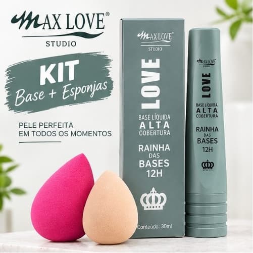 Kit Base Líquida Max Love Studio com Esponjas Rainha das Bases 12H 30ml Alta Cobertura