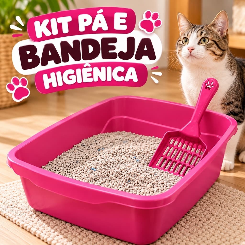 Kit Bandeja Higiênica Gatos Pá Sanitária Caixa Areia 38x30x10cm Cores Sortidas