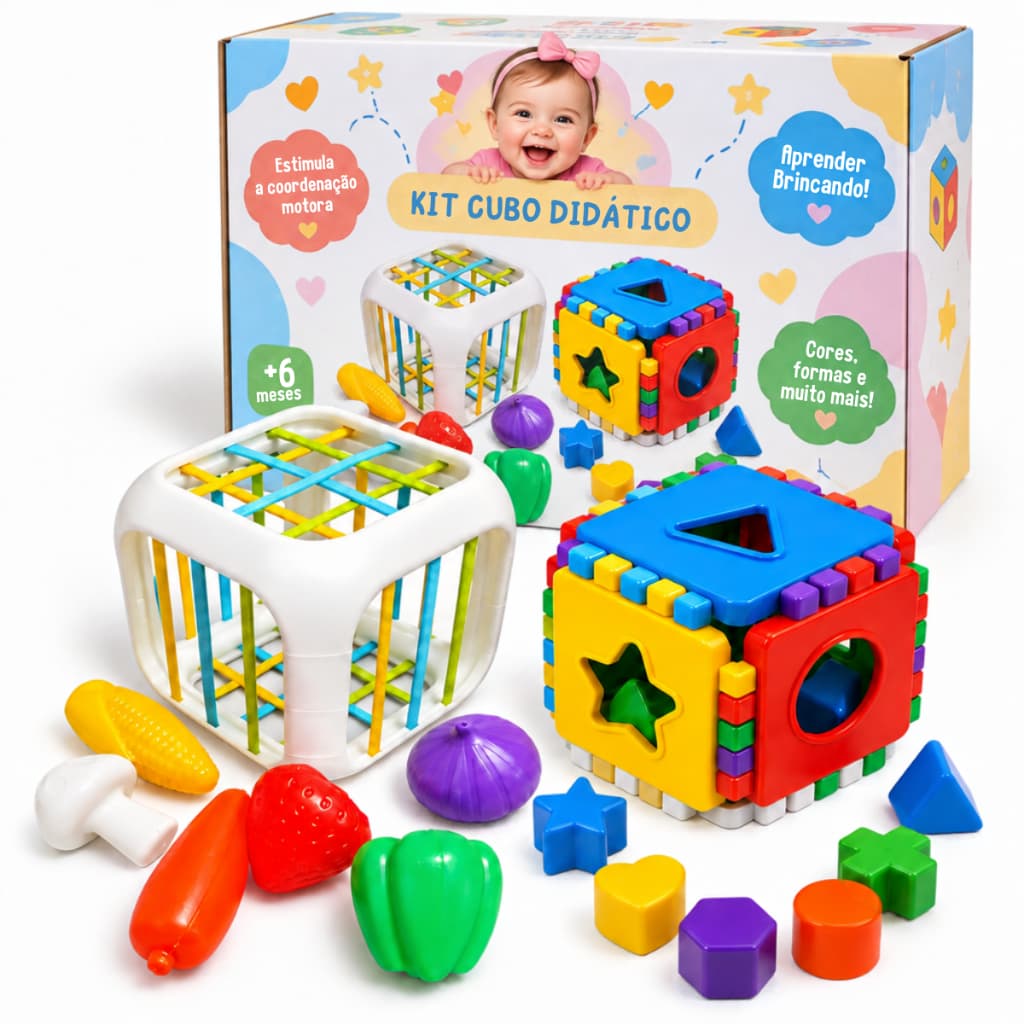 Kit Cubos Educativos Didático + Sensorial 2em1 Bebê 6 Meses Montessori Brinquedo Bebe Educativo