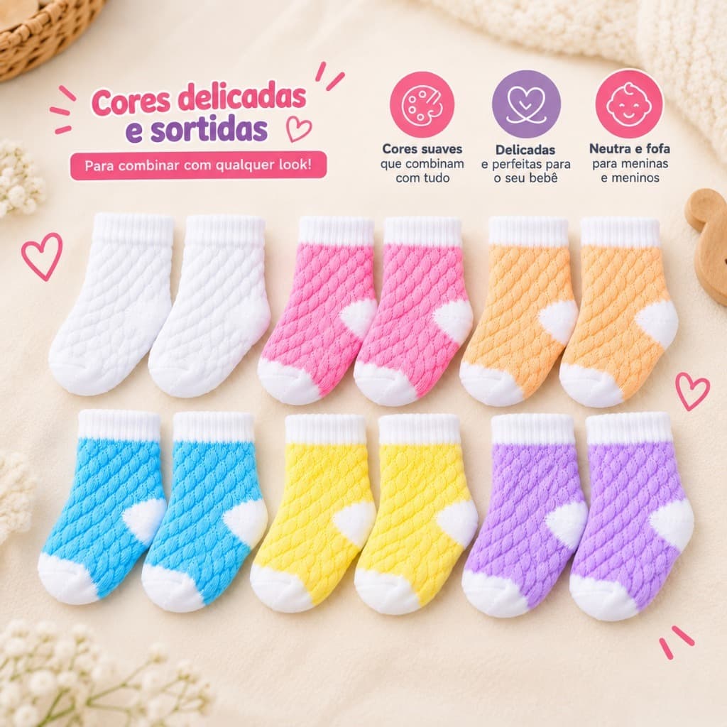 Kit 06 Pares de Meias Bebê (Menino Menina) Baby Infantil Recém Nascido RN Enxoval (Maternidade 0 - 12 Meses)