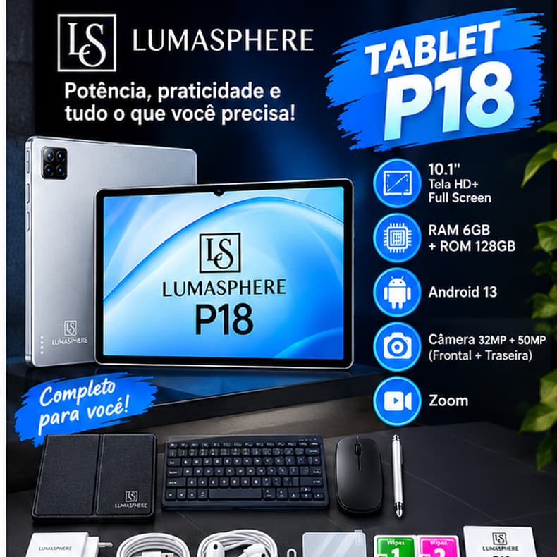 Tablet LUMASPHERE P18 10.1" HD+ 6GB RAM 128GB Android 13 + Teclado e Mouse