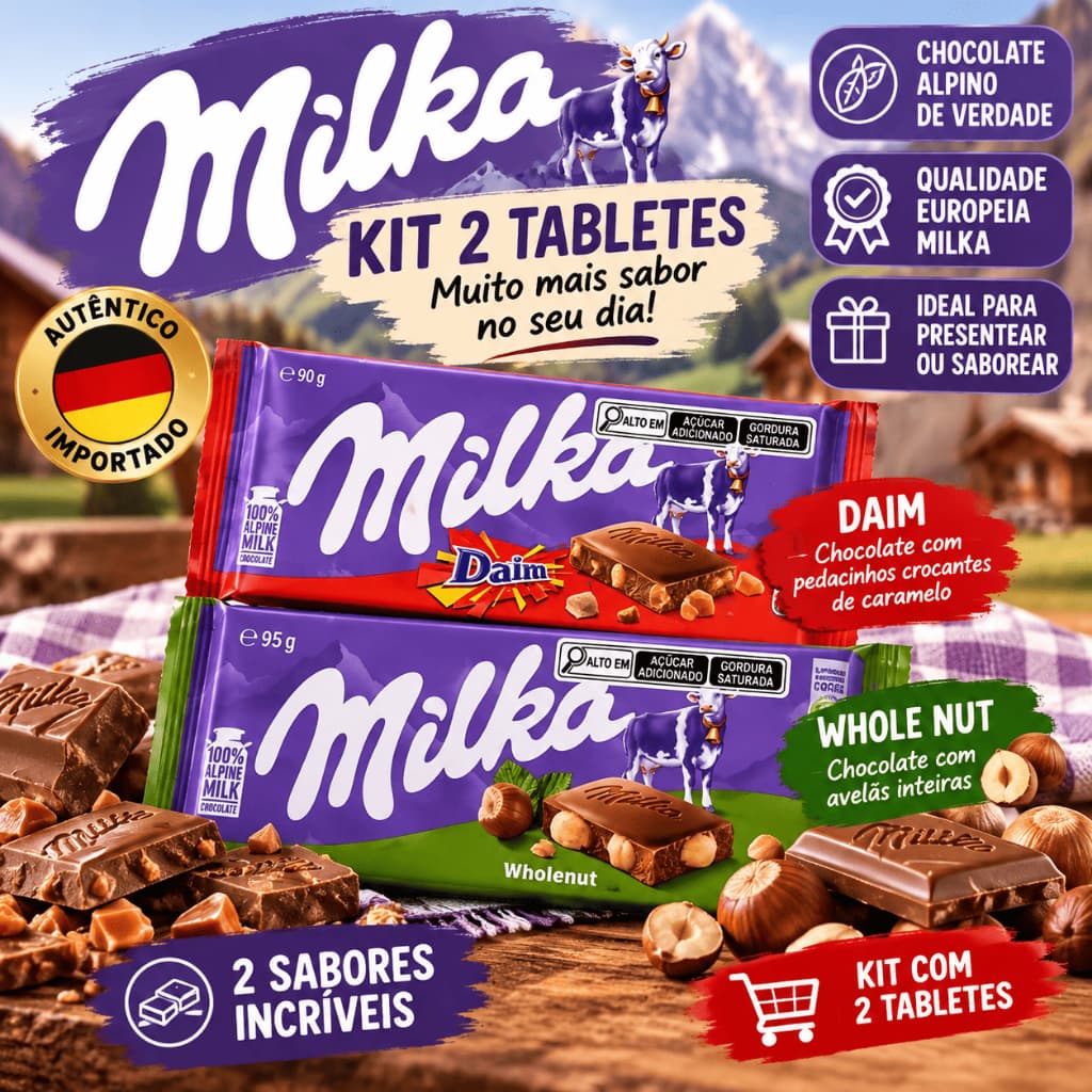 Kit 2 Chocolates Milka Daim 90g + Whole Nut 95g Avelã Caramelo Importado
