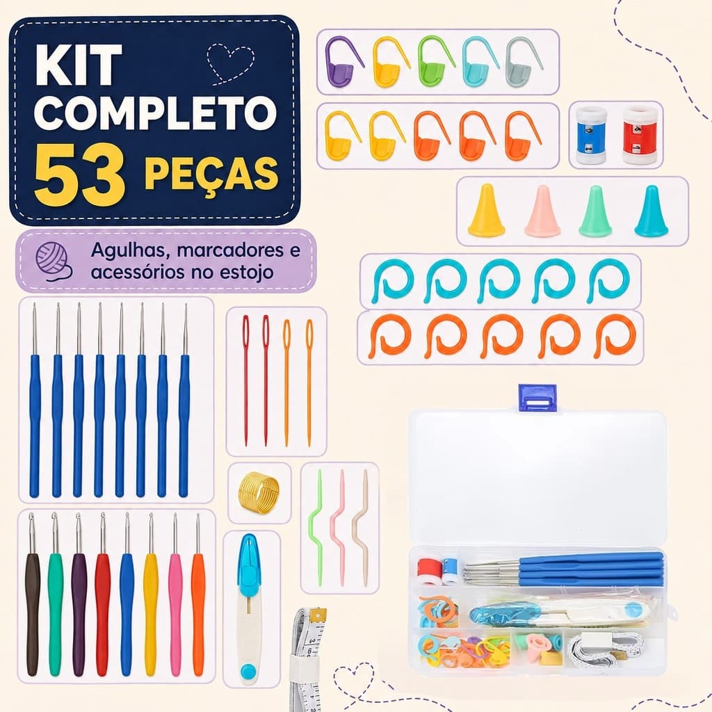 Kit de Crochê 53 Peças com Agulhas Ergonômicas, Acessórios para Amigurumi e Estojo