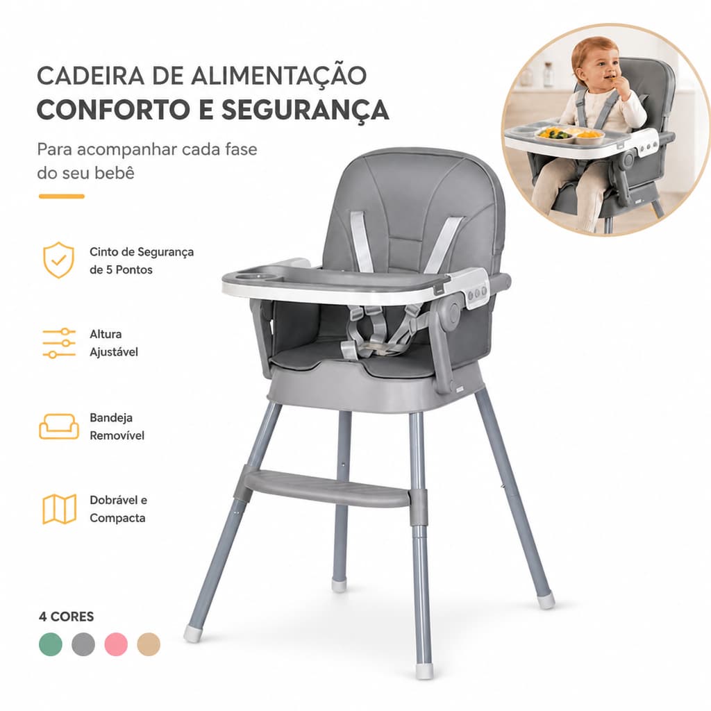 Cadeira de Alimentação Bebê Infantil Portátil Dobrável Segura e Confortável para Refeições em