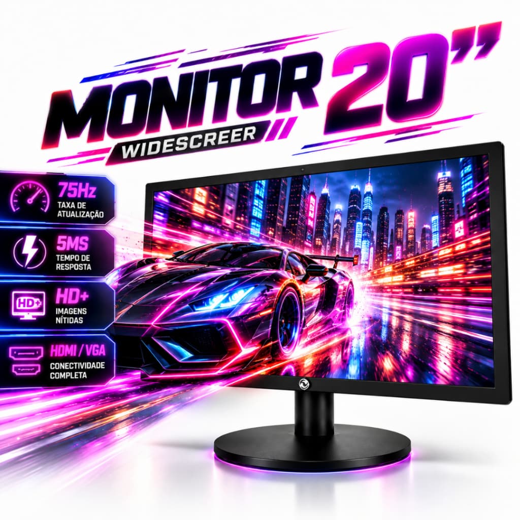 Monitor LED 20 Polegadas Widescreen HD+ 75Hz 5ms HDMI VGA Bivolt Gamer Escritório Home Office