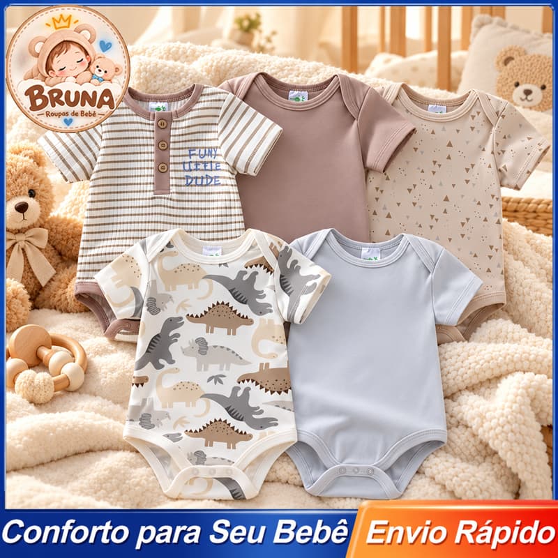 Kit 5 Bodies de Bebê Manga Curta Algodão Roupas de Bebê Unissex Estampas Dinossauro Menino e Menina