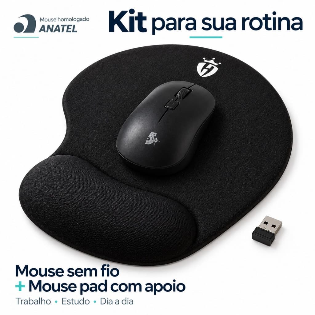 Kit Mouse Sem Fio USB 2.4GHz 1000 DPI + Mouse Pad Ergonômico Apoio de Pulso Notebook PC