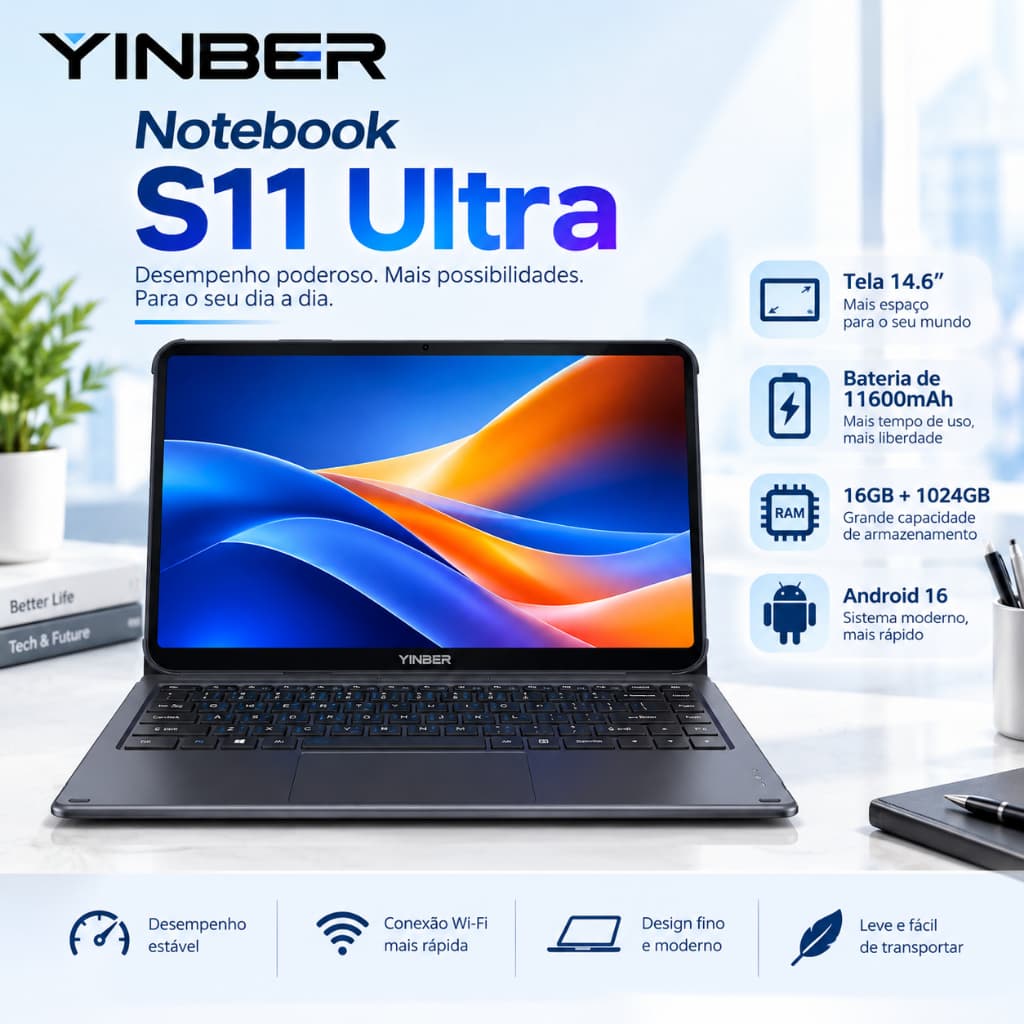 Notebook Yinber 14,6" HD 1080 16GB RAM 1024GB SSD Android 16 5G LTE Wi-Fi Notebook