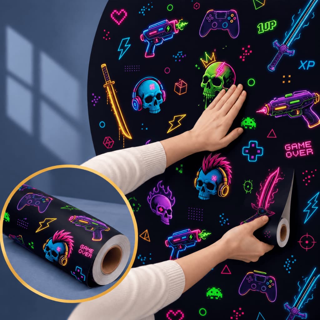 Papel de Parede Adesivo Gamer Caveira Neon Controle Videogame Preto Colorido Quarto Geek Decoração