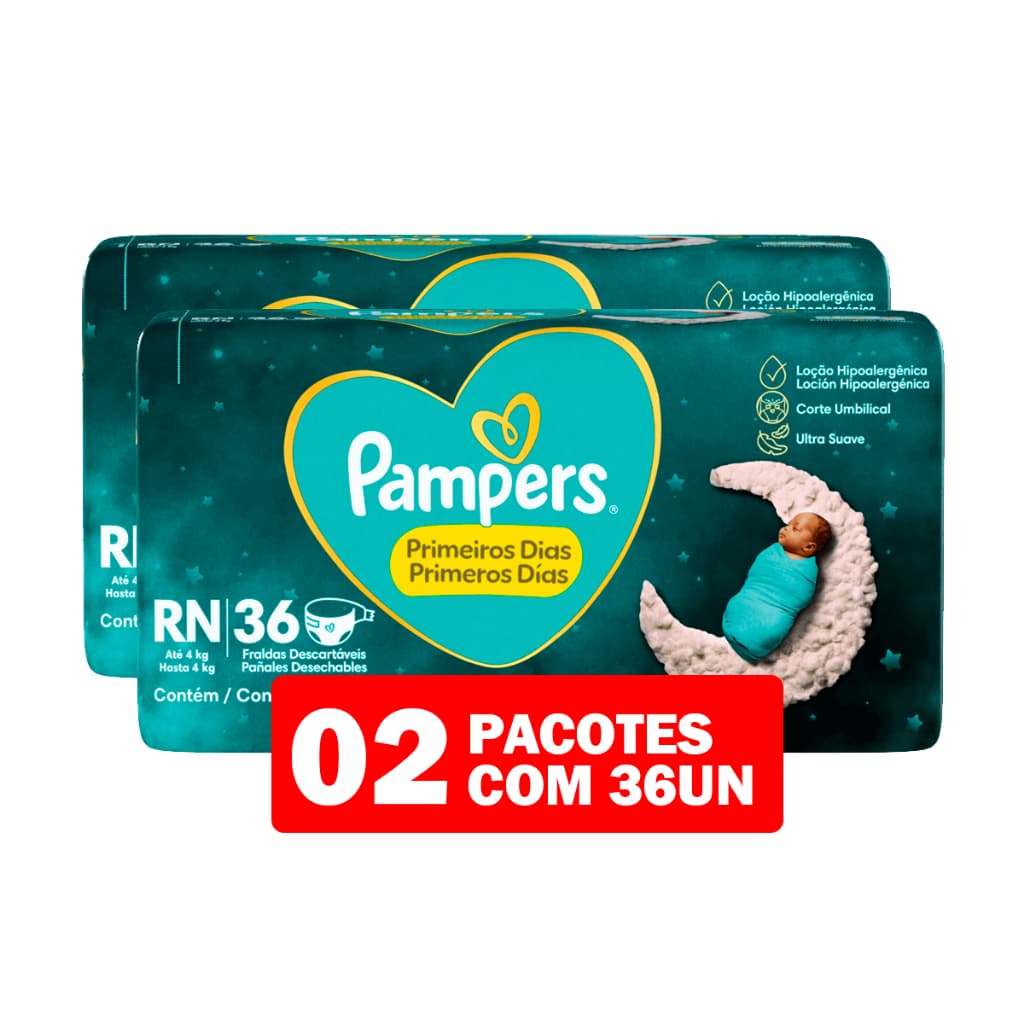 Kit 02 Fralda Pampers Descartável Primeiros Dias RN Até 4kg 36 Unidades Hipoalergênica