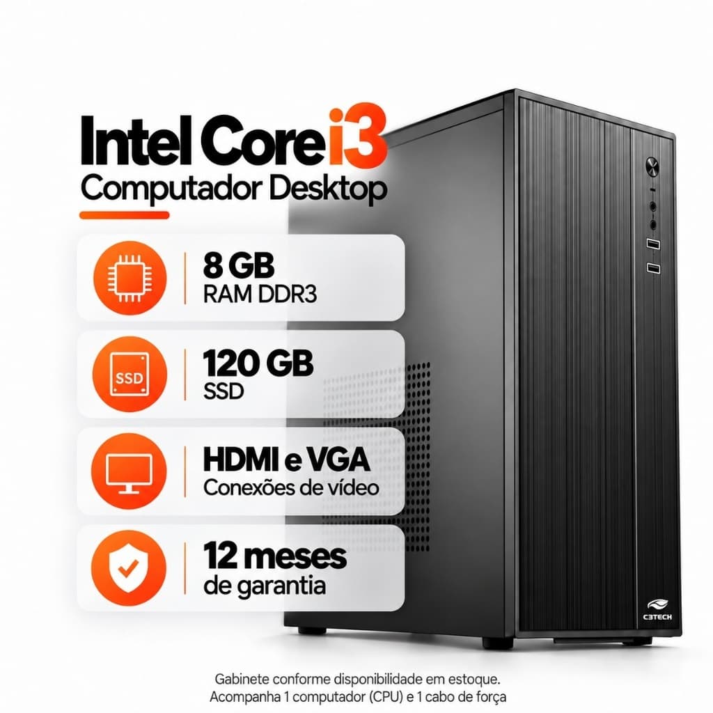 Computador Intel Core i3 8GB DDR3 SSD 120GB Somente CPU Windows 11 Trial Home Office Trabalho Estudos Desktop HDMI VGA