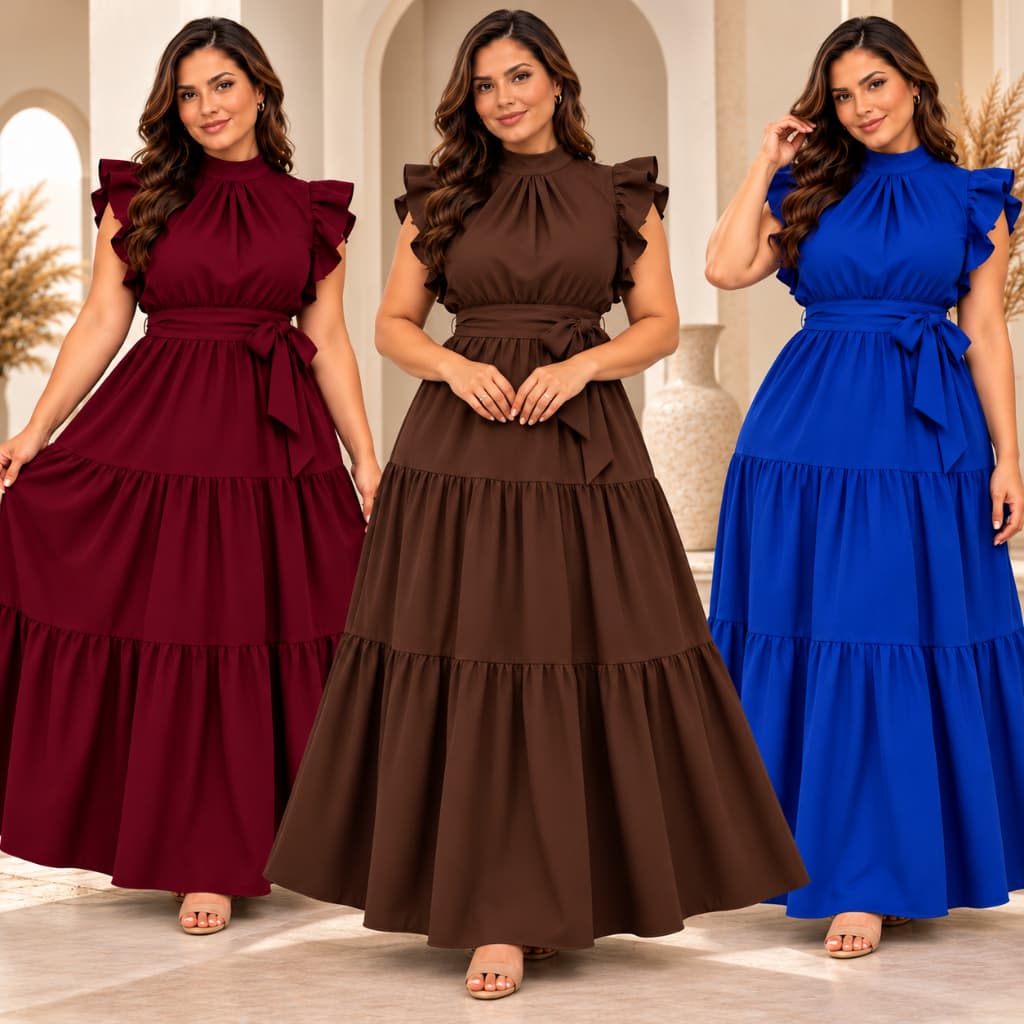 Vestido Feminino Longo Manga De Babado com Saia Três Marias Jasmyn Luxo Premium Evangelico Elegante