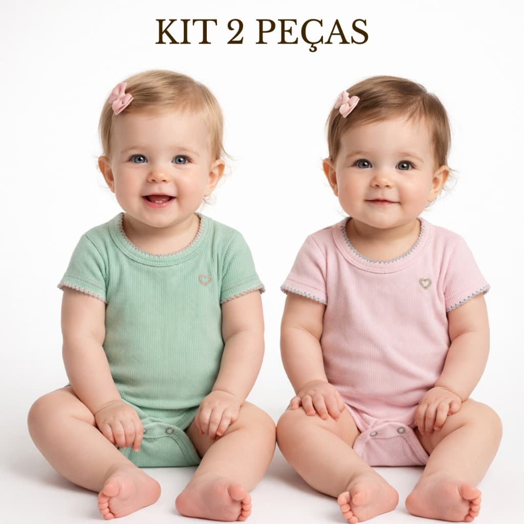 Kit 2 Peças Body Bebê Menina Manga Curta Picueta Bordado Coração Ribana Canelada Liso Enxoval