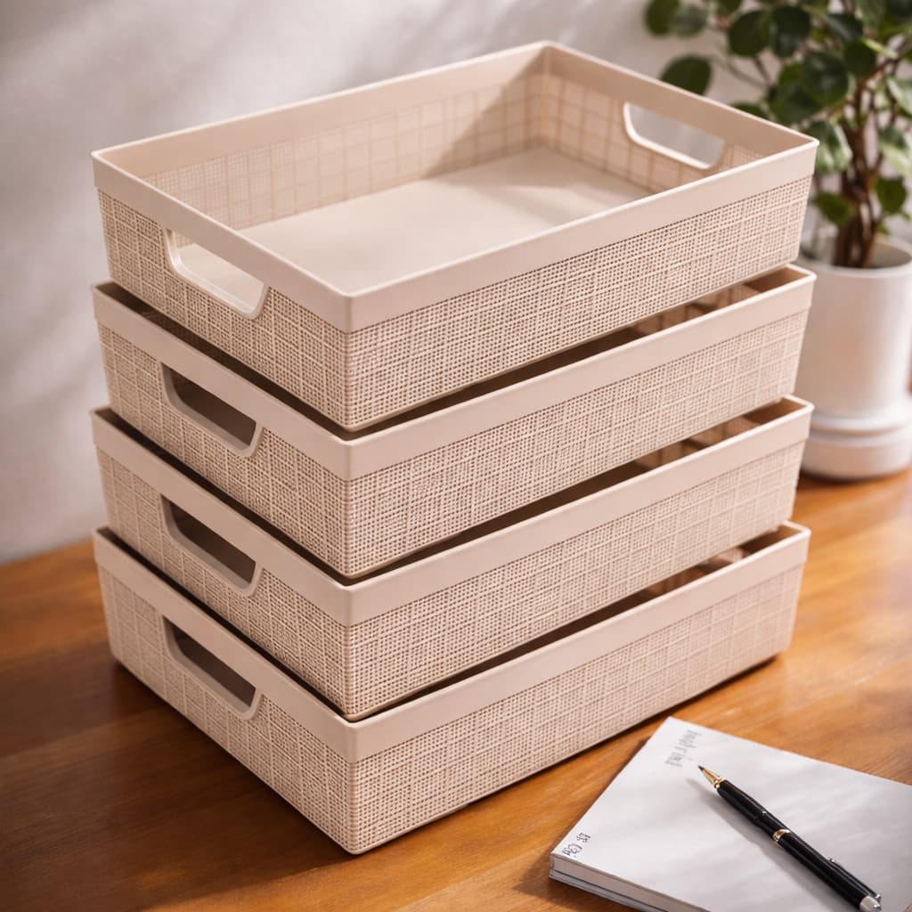 Kit 4 Cestos Organizadores 5,2 Litros Multiuso Cozinha Armário Banheiro em Plástico Rattan