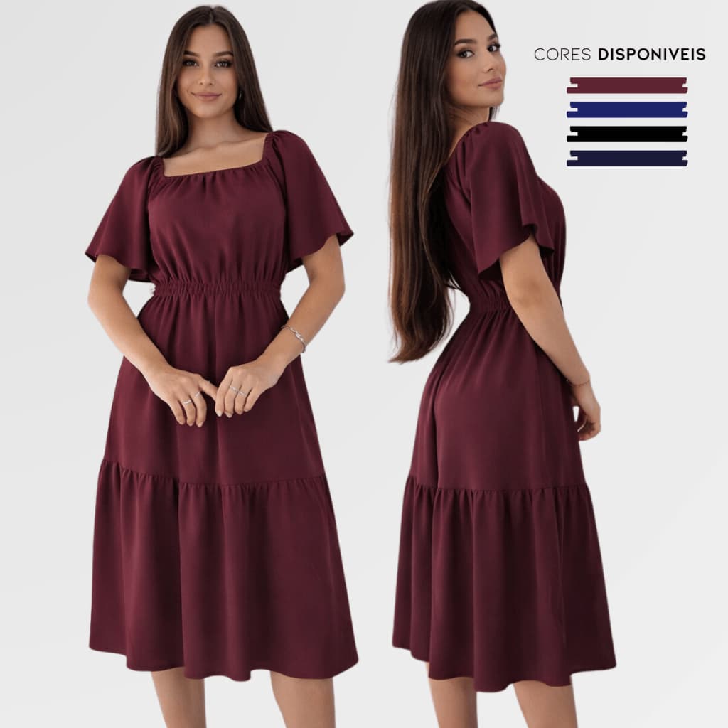 Vestido Feminino Midi Romântico Decote Quadrado Moda Evangélica Cristã Elegante para Igreja e Festa