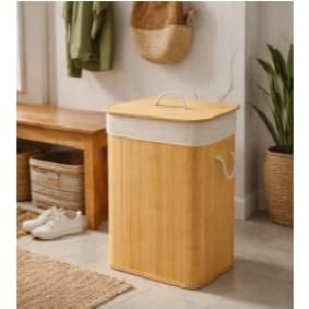 Kit Cesto Roupa Suja Bambu Natural com Tampa 70L Organizador Banheiro Lavanderia