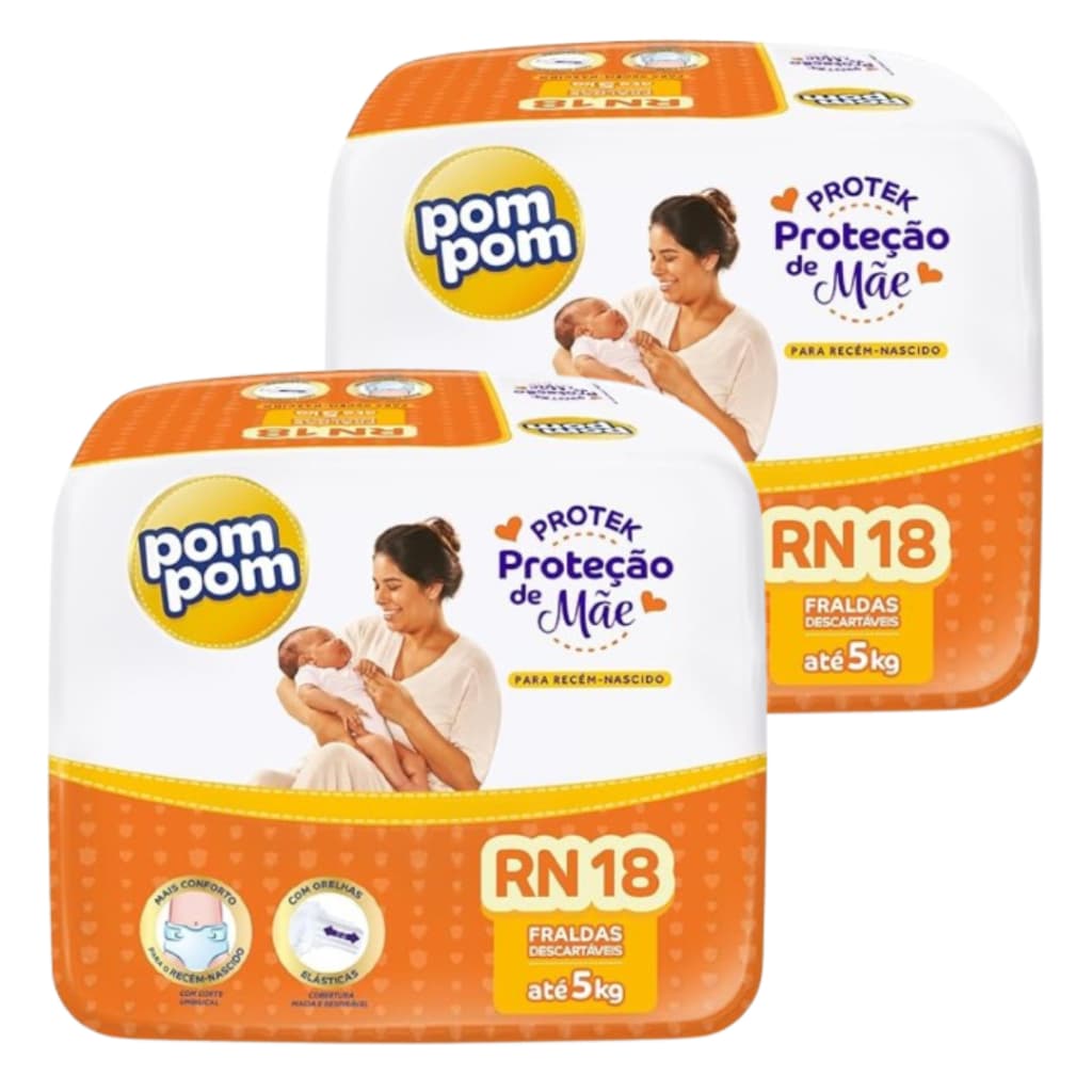 Kit 2 Fraldas Descartaveis Pom pom Proteck Proteção de Mãe Recem Nascidos RN - 36un