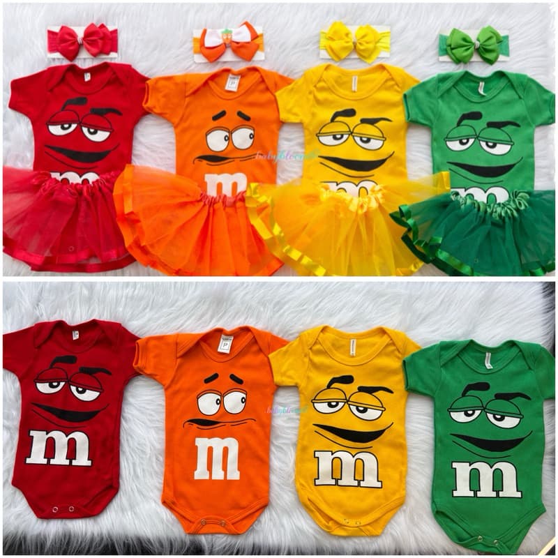 Body Bebê Saia Tule Laço M&M Chocolate Mesversario Fantasia Roupa Bebê Menina e Menino