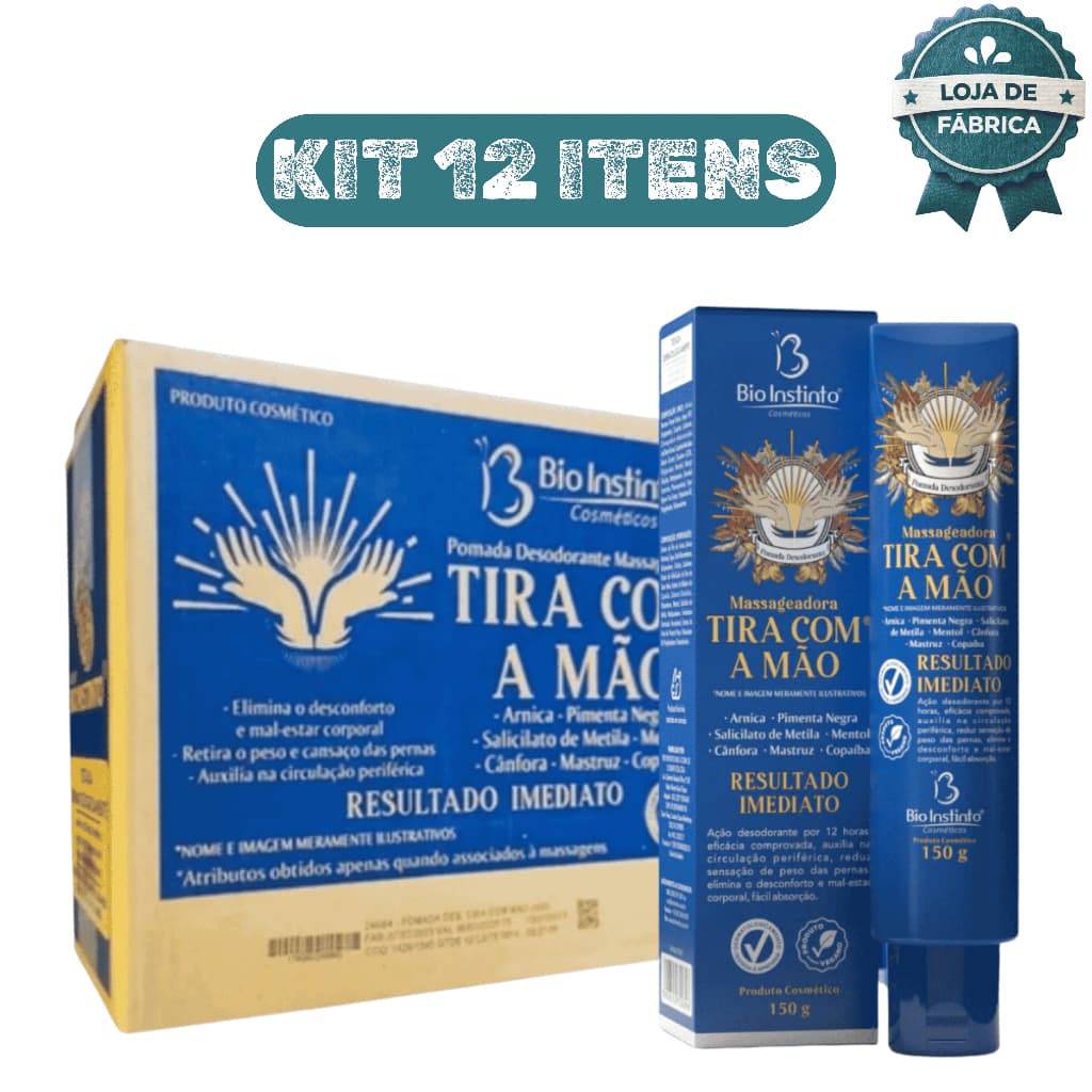 Kit 12 Pomada Massageadora Tira Com a Mão 150g Bio Instinto Alívio Muscular Dor Cansaço Relaxante