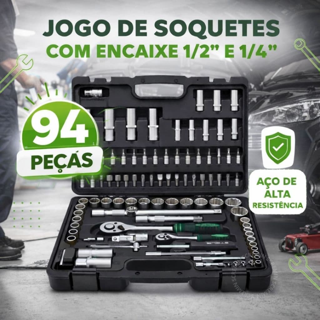 Jogo de Soquetes Stels 94 Peças 1/2" e 1/4" com Catraca e Maleta – Kit Chaves Profissional Mecânica