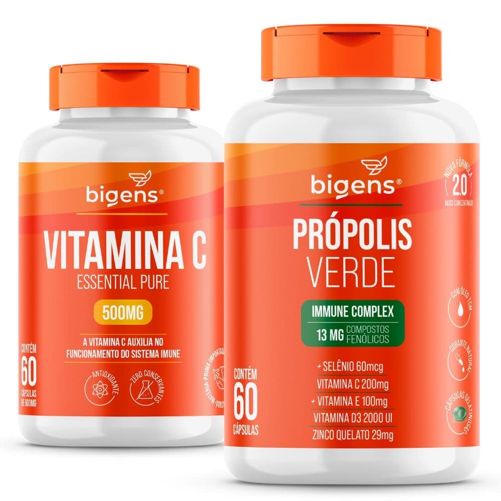 KIT IMUNIDADE PRÓPOLIS VERDE + VITAMINA C 500mg 60 Cápsulas | Zinco, Selênio e Vitaminas - BIGENS