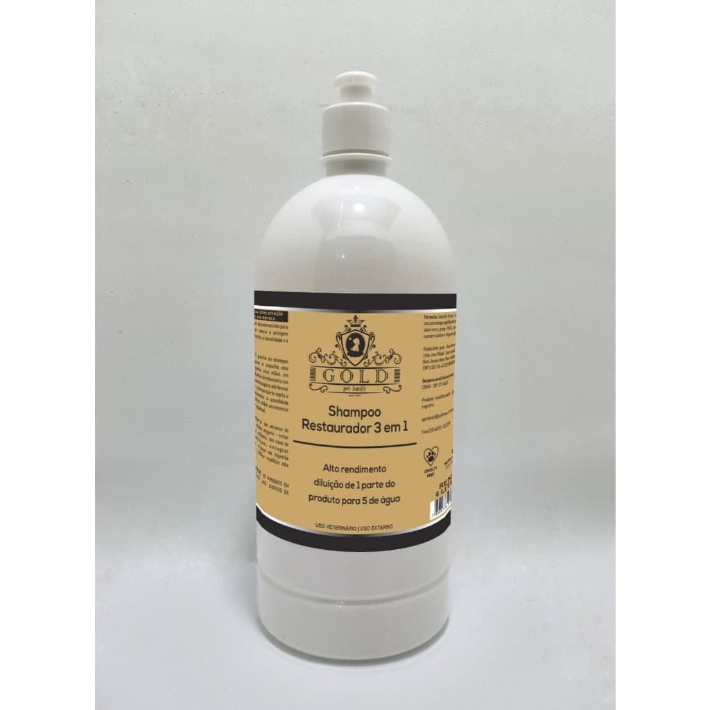 Shampoo GOLD(RENDE 6 LITROS) Vegano Concentrado Para Pets Restaurador 3 em 1 Linha Gold 1L Acompanha Frasco Diluidor