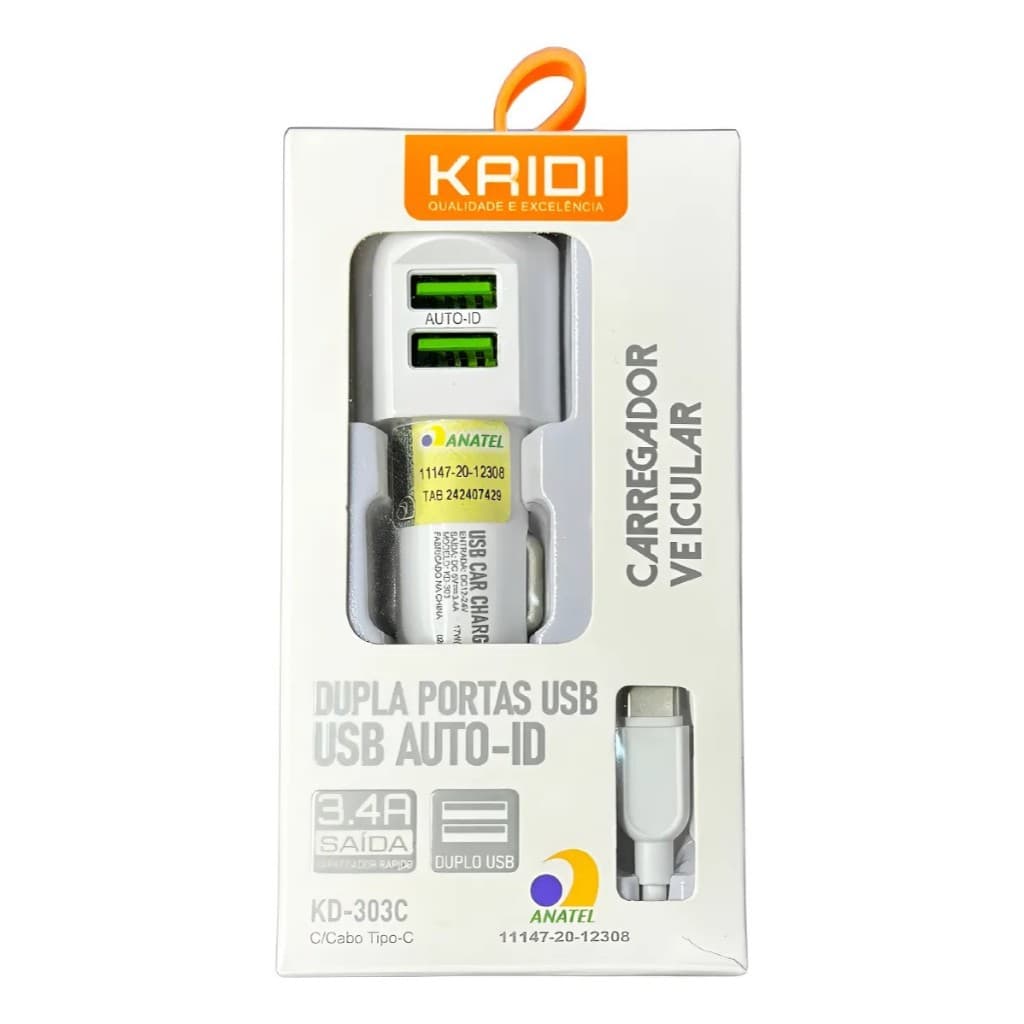 CARREGADOR VEICULAR COM CABO TYPE-C BRANCO KAIDI KD-303C