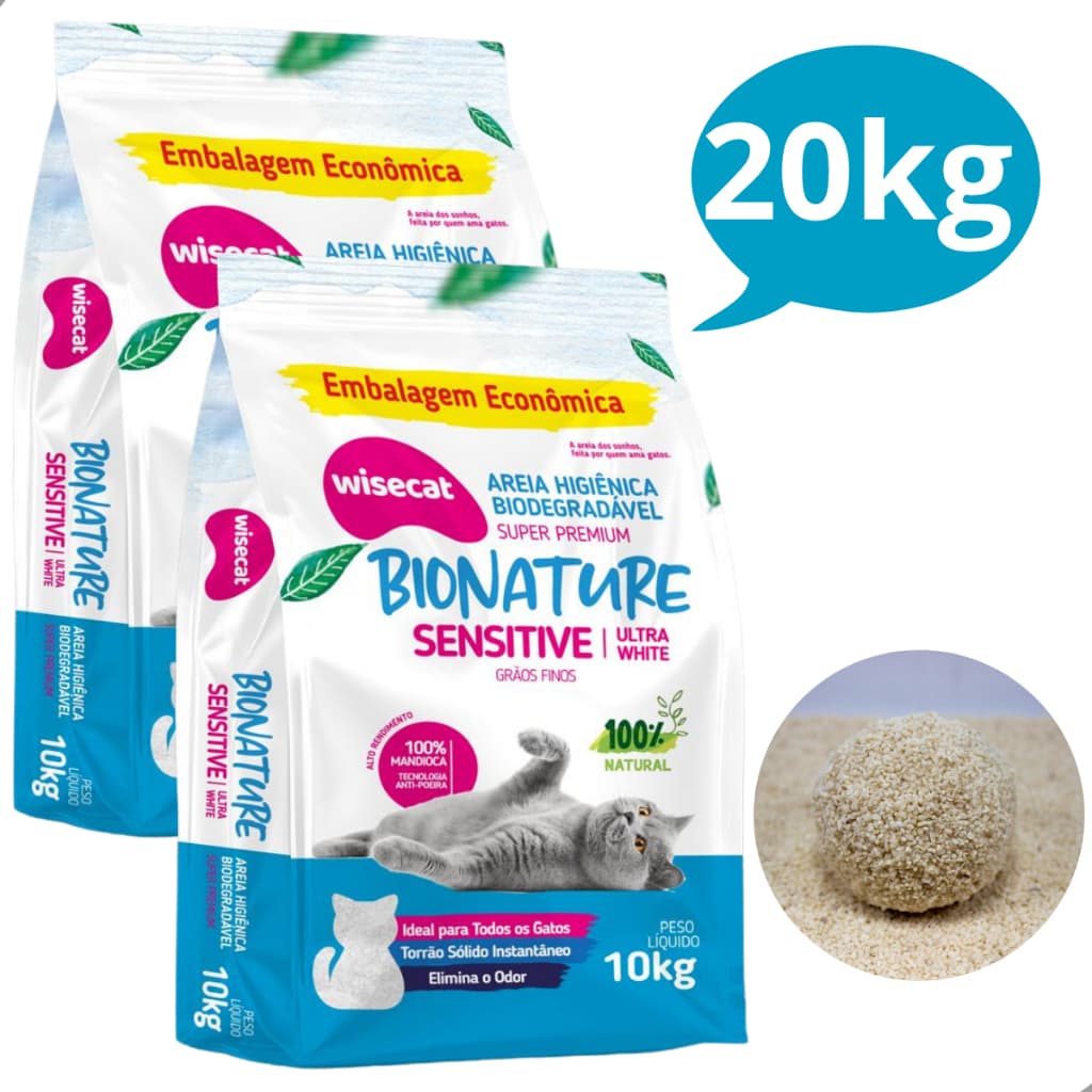 Kit 2 Areia Sanitária Higiênica para Gatos Biodegradável Mandioca Sensitive Grãos Finos Wisecat 10KG