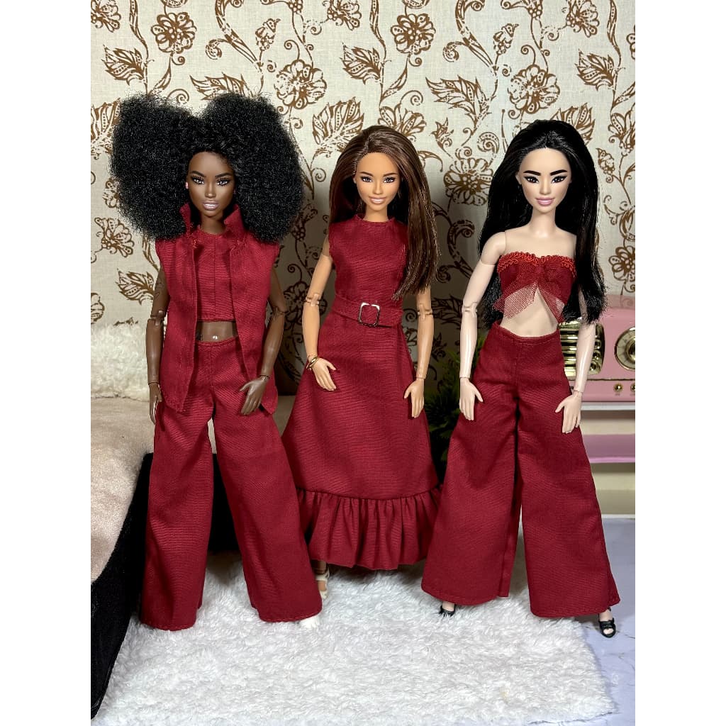 Roupa para Boneca 28cm Kit 3 Looks Vermelho Roupa Fashion Boneca Articulada