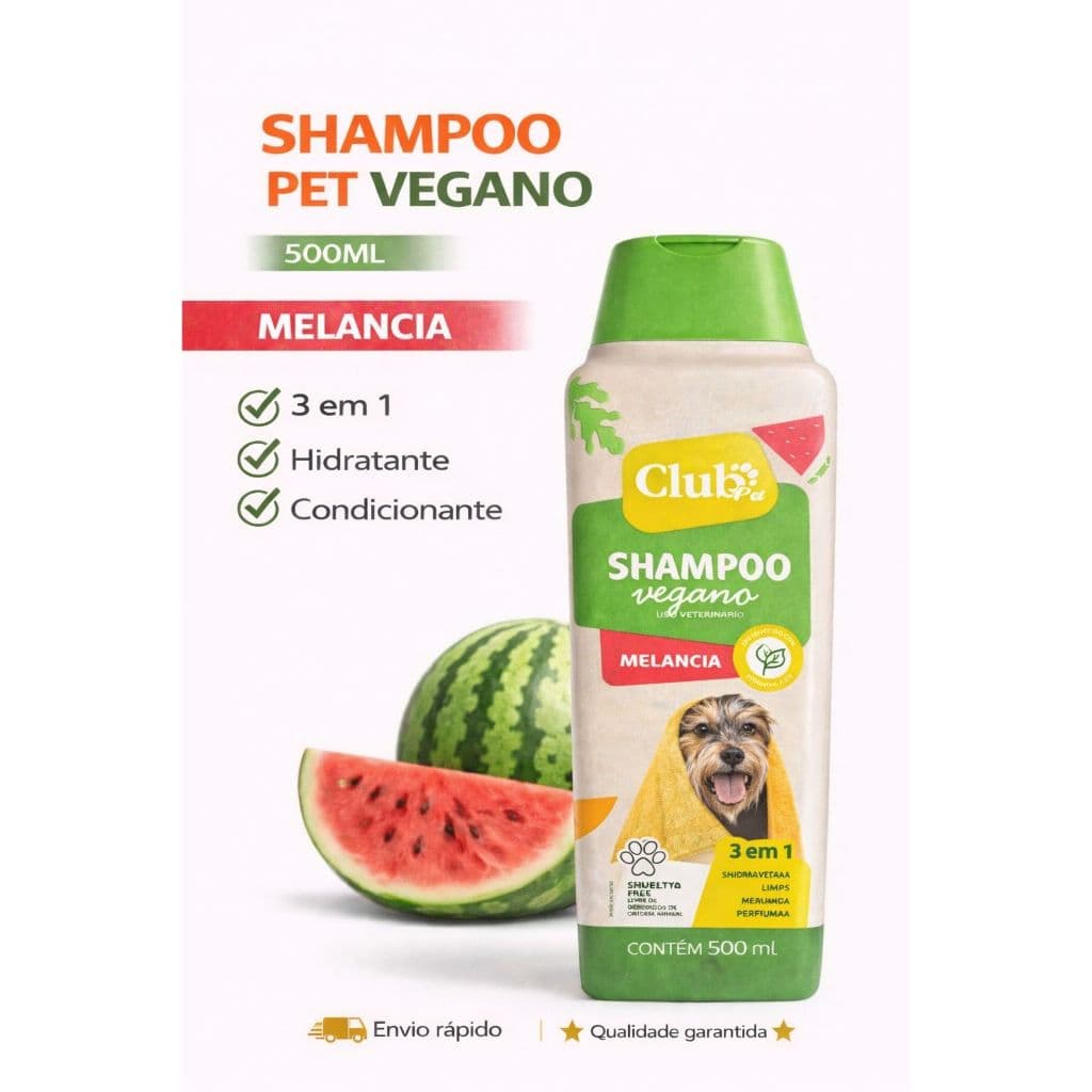 Shampoo Pet Vegano Melancia Club Pet 500ml 3 em 1 – Hidratante e Condicionante para Cães e Gatos