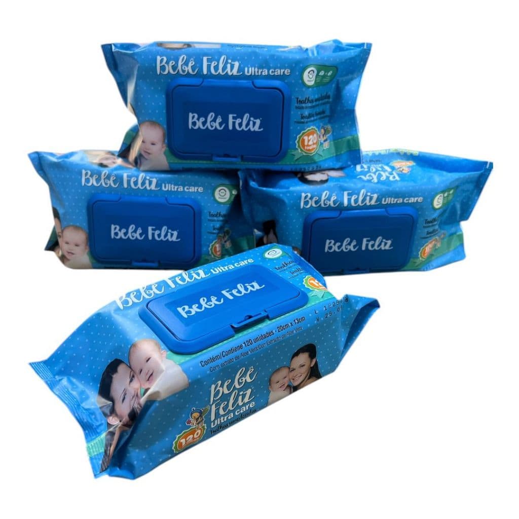 Kit com 4 Lenços Toalha Umedecida Bebê | Feliz Ultra Care - 120 Unidades cada