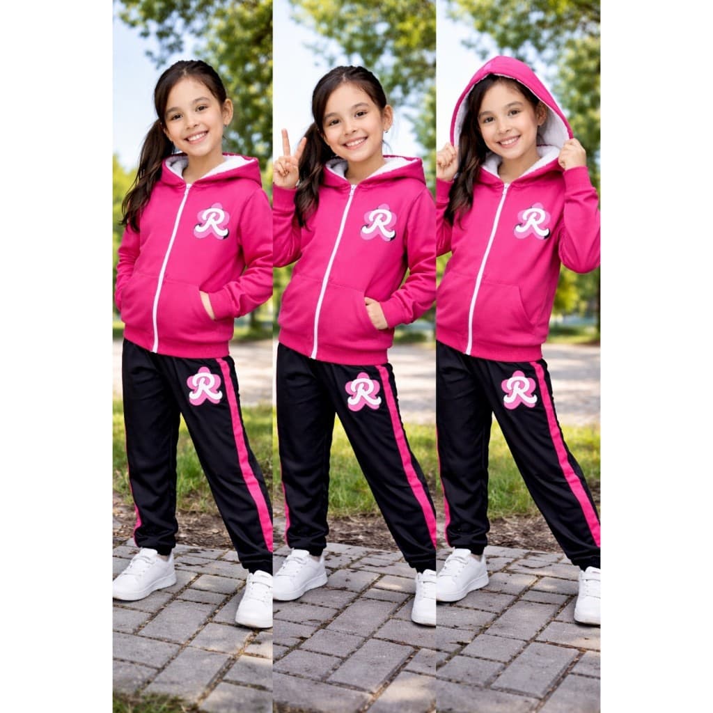 Conjunto Infantil Juvenil  Emily  Moletom Chimpa Inverno  Rosas Estilo Blogueirinha