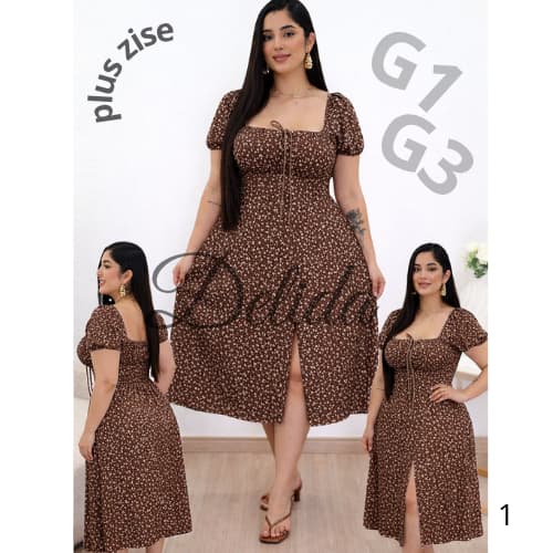 Vestido Femenino Ciganinha Floral Plus Size con Fenda e Elastex Moda femenina Elegante manguinha curta