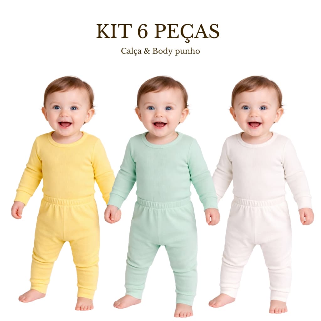 Kit 3 Conjuntos 6 Peças Body Bebê Manga Longa Calça Punho Ribana Canelada Inverno Enxoval