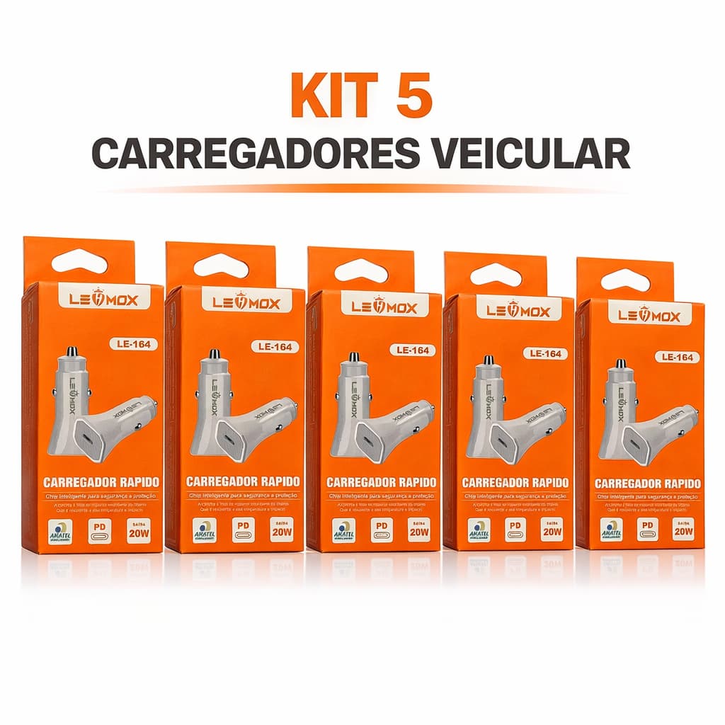 Kit 5 Carregadores Veicular Rápido USB Tipo C Compatível Android e ios