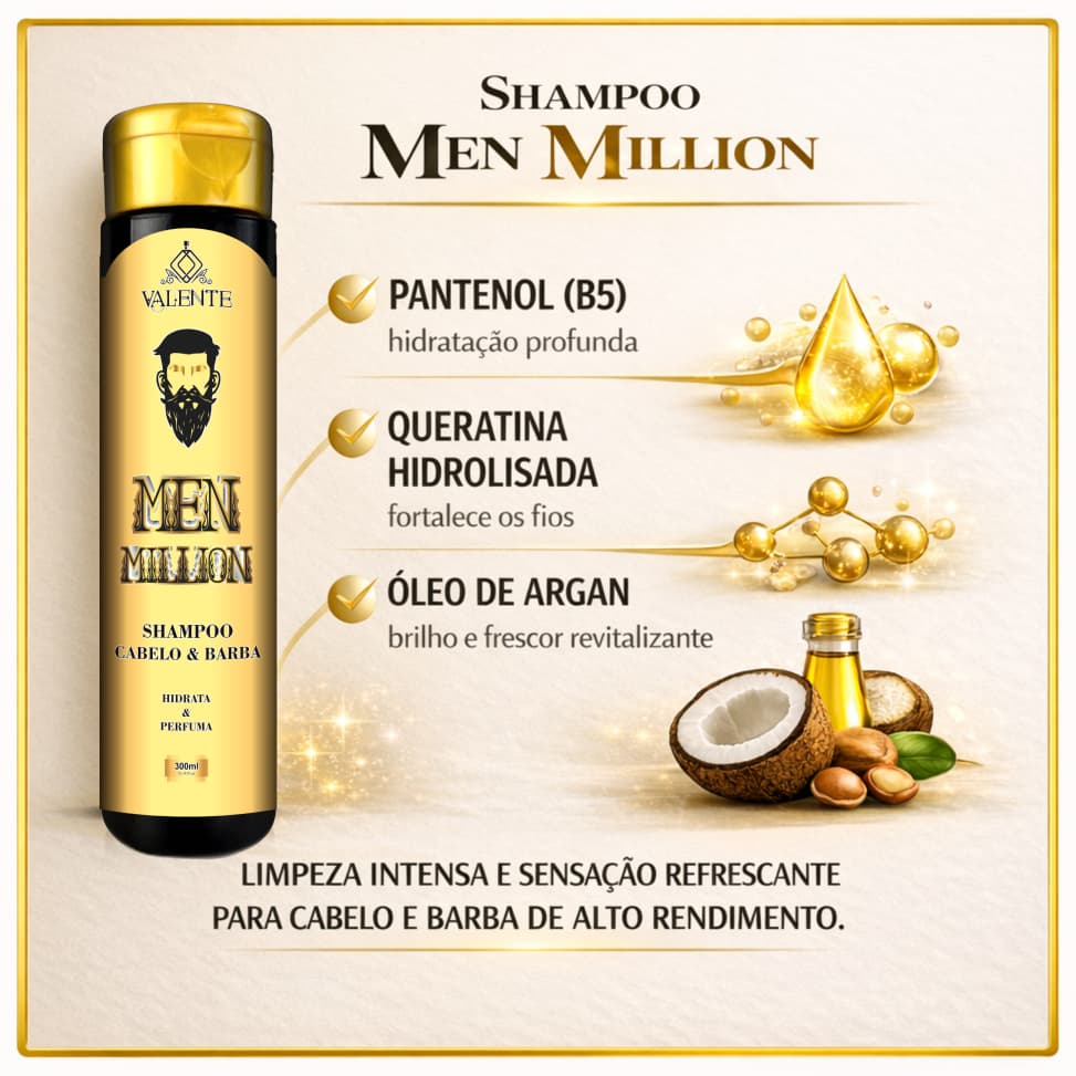 Shampoo Men Million Valente Cabelo e Barba Hidratante Perfumado 300ml