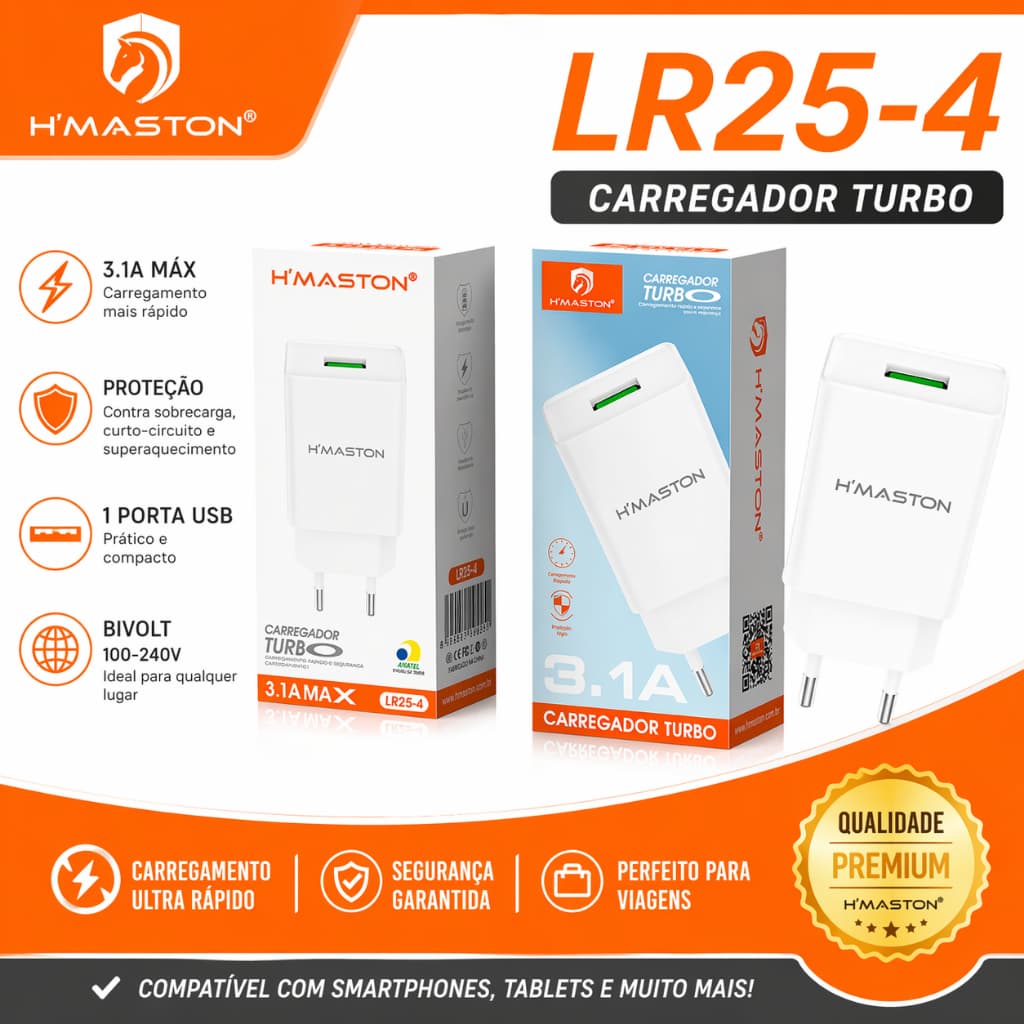 Carregador H’Maston LR25-4 Turbo 3.1A USB Original Bivolt Fast Charge para Celular Android iPhone Tablet