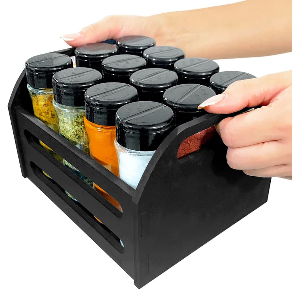 Suporte Tempero Caixote Reforçado com 12 Potes 130ml Tempero Condimento Tampa Dupla com Etiquetas