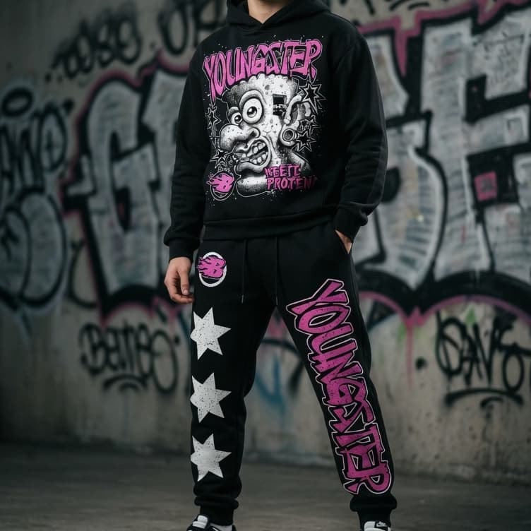Conjunto de Moletom com Capuz manga longa  e Calça , Estampa de Letra e Desenho Animado, moda urbana outono/inverno