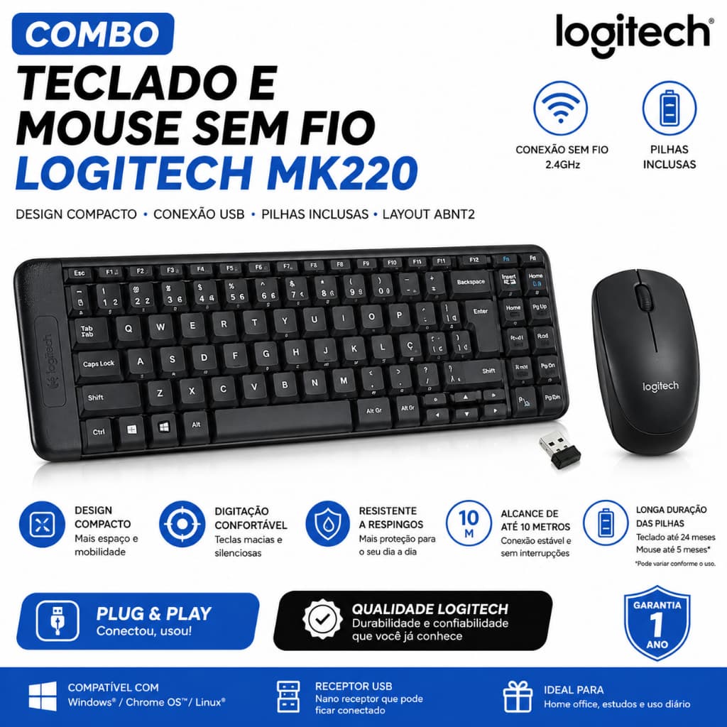 Combo Teclado e Mouse sem fio Logitech MK220 com Design Compacto, Conexão USB, Pilhas Inclusas e Layout ABNT2