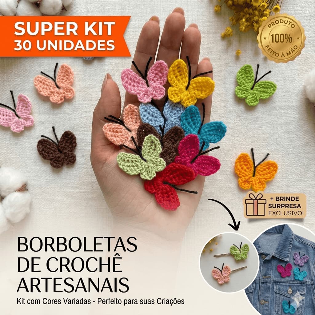 Kit 15 30 Mini Borboletas de Crochê Aplicação Customização Artesanato Fio Amigurumi 100% Algodão